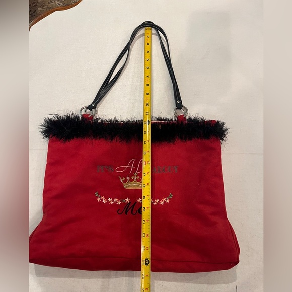 Vintage 90s retro Red faux suede Tote Bag with fuzzy Black Accents. GUC! - Picture 6 of 7